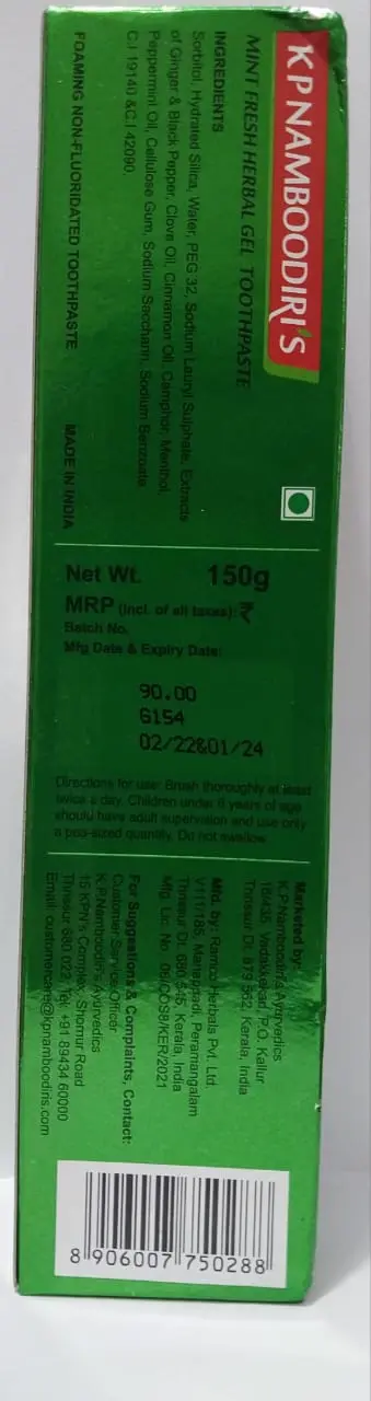 KP Namboodiri's Mint Fresh Herbal Gel Toothpaste.-150gms - Image 2