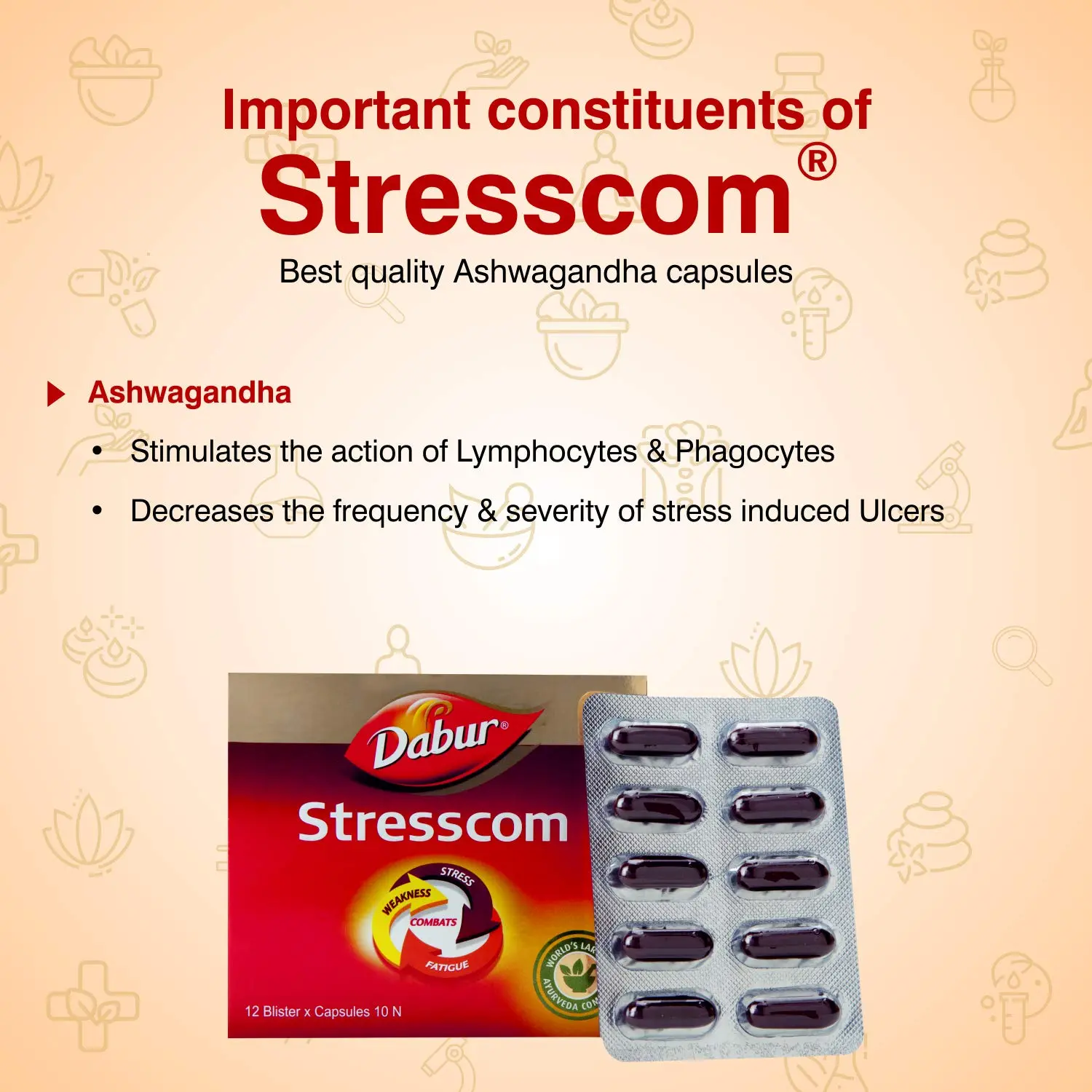 Stresscom Ashwagandha 12 Strips X 10 Capsules- DABUR - Image 3